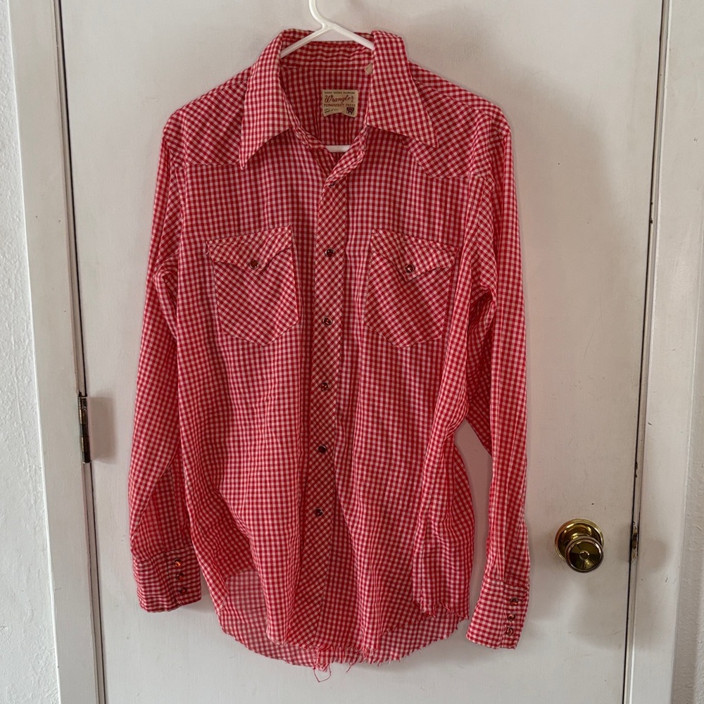 Vintage Wrangler red white gingham long sleeve button down shirt Size 16/34